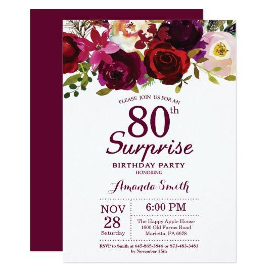 Surprise 80th Birthday Party Invitations
 Burgundy Surprise Floral 80th Birthday Party Invitation
