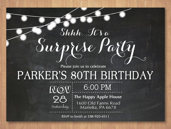 Surprise 80th Birthday Party Invitations
 Surprise 80th Birthday Invitation Chalkboard 30th 40th 50th
