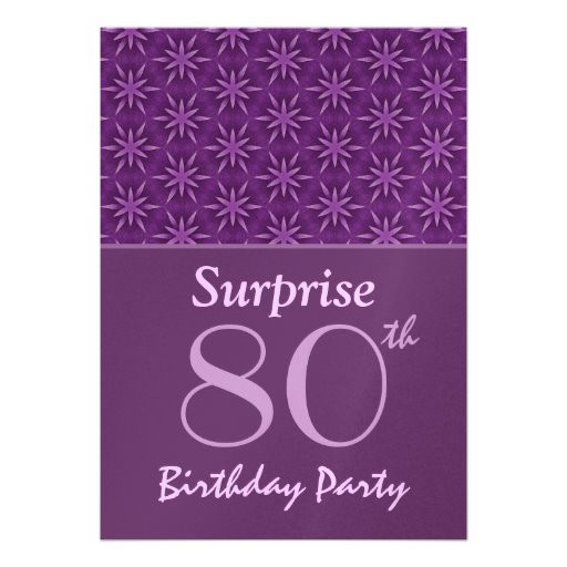 Surprise 80th Birthday Party Invitations
 80th Birthday Surprise Party Purple Star Fireworks 5x7