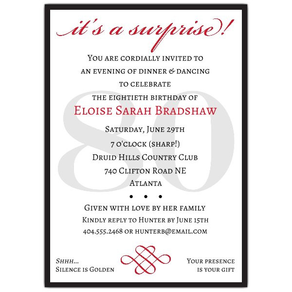 Surprise 80th Birthday Party Invitations
 Classic 80th Birthday Red Surprise Invitations