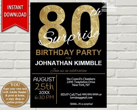 Surprise 80th Birthday Party Invitations
 Mens 80th Surprise Birthday Invitation 80th Birthday Invite