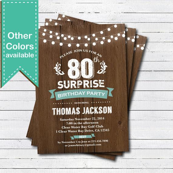 Surprise 80th Birthday Party Invitations
 Surprise 80th birthday invitation Man woman Rustic wood