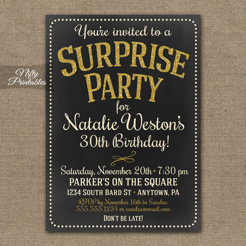 Surprise Birthday Invitation
 Surprise Party Invitations Printable Chalkboard Surprise