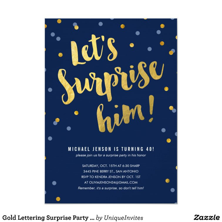 Surprise Birthday Invitation
 Gold Lettering Surprise Party Invitations for Him