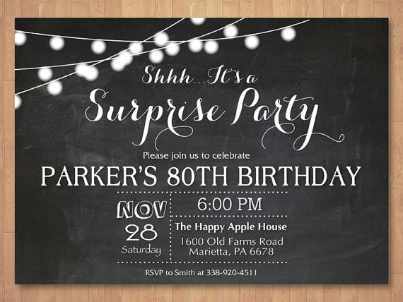 Surprise Birthday Invitations For Him
 Surprise 80th Birthday Invitation Chalkboard 30th 40th 50th