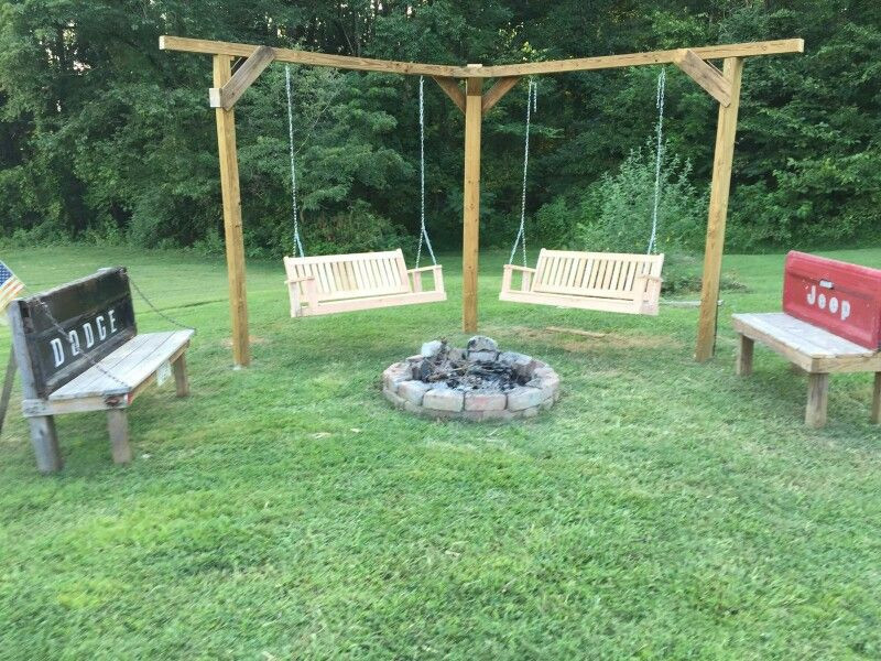 Swinging Bench Fire Pit Project
 Double swing and tailgate benches around our fire pit