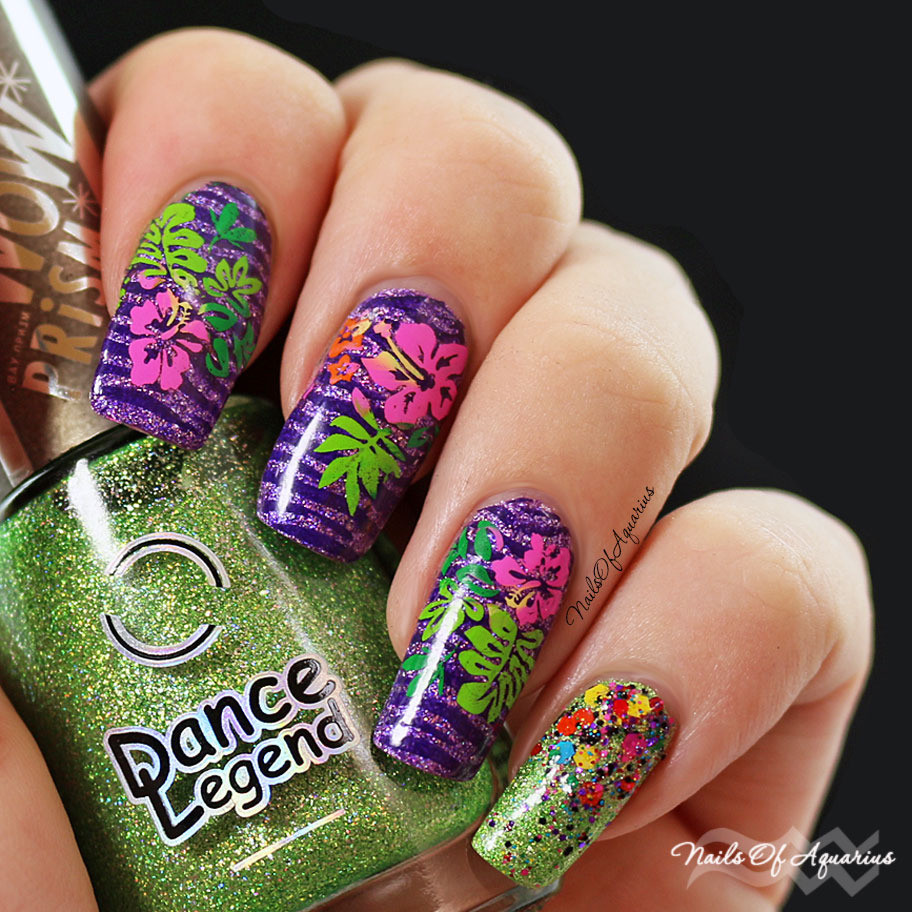 Tropical Flower Nail Designs
 Jungle Love Multicolor Stamped Tropical Flowers Nail Art
