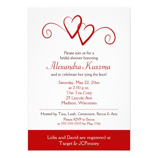 Two Hearts Wedding Invitations
 Two Hearts Red Swirl Bridal Shower Invitation 5" X 7