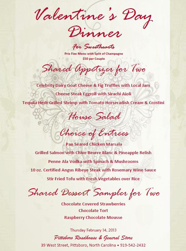 Valentine Dinner Menu
 Valentine s Day Dinner for Sweethearts at the Pittsboro