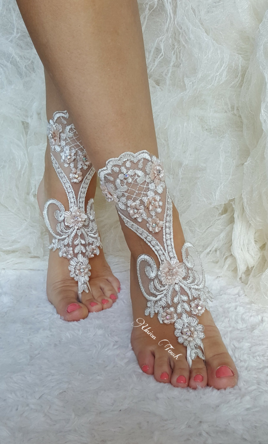 Wedding Beach Shoes
 Ivory Silver Lace Barefoot Beach wedding barefoot sandals