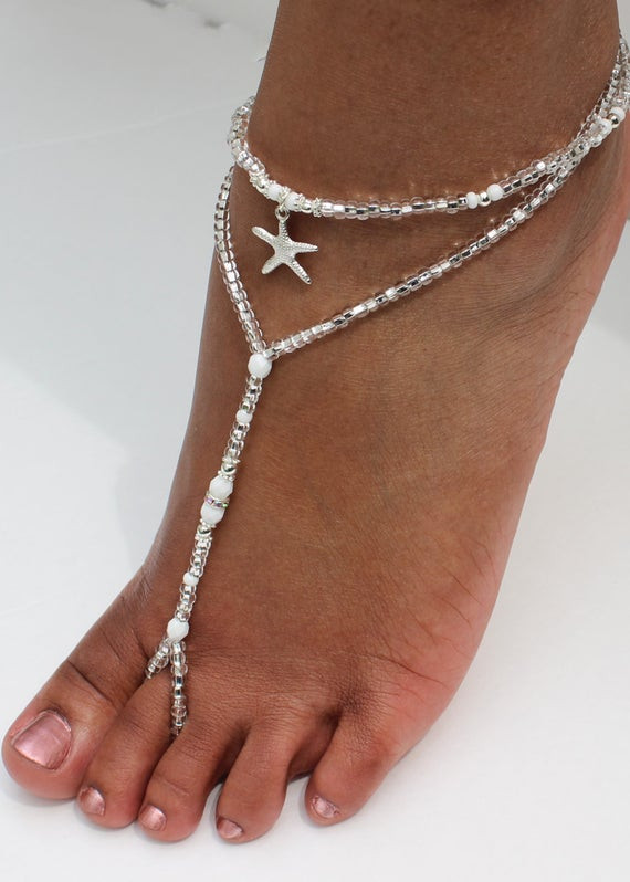 Wedding Beach Shoes
 Beach Wedding Barefoot Sandal White Silver Bridal Foot Jewelry