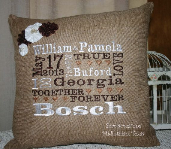 Wedding Embroidery Gift Ideas
 Personalized BURLAP PILLOW Wedding Gift with widding