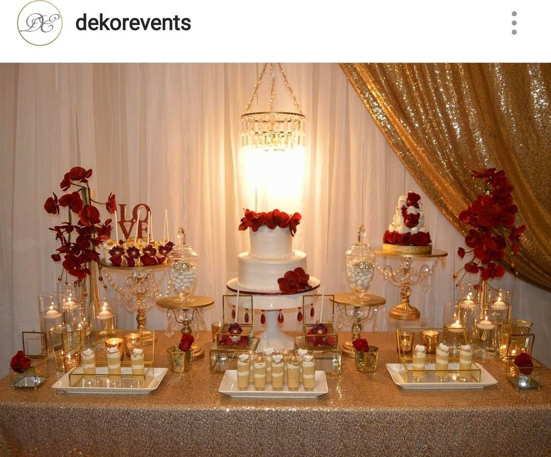 Wedding Engagement Party Ideas
 Gold white and Red Engagement Party Dessert Table and