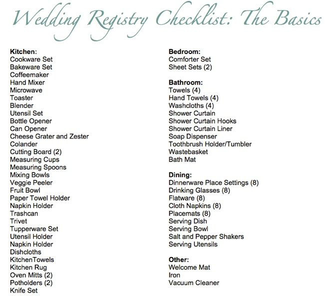 Wedding Registry Gift Ideas
 Basic Wedding Registry Checklist