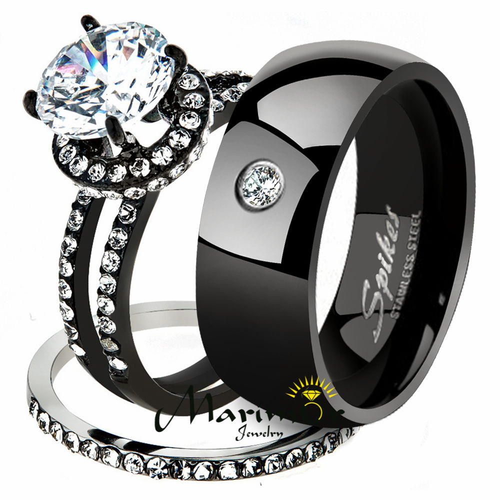 Wedding Rings Black
 Hers & His 3pc Black Ion Plated Stainless Steel Wedding