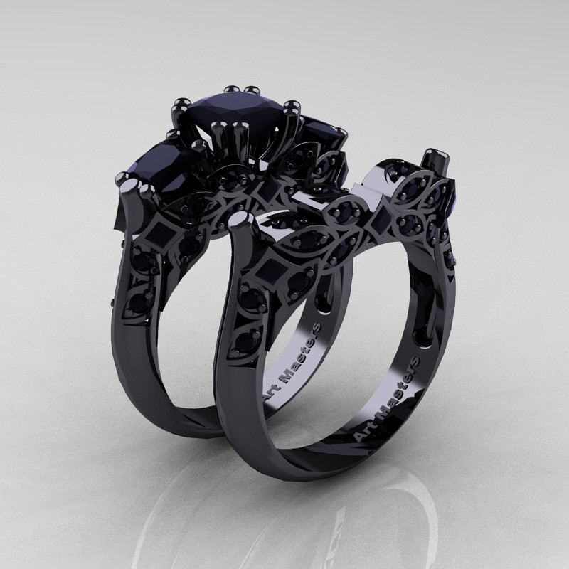 Wedding Rings Black
 Designer Classic 14K Black Gold Three Stone Princess Black