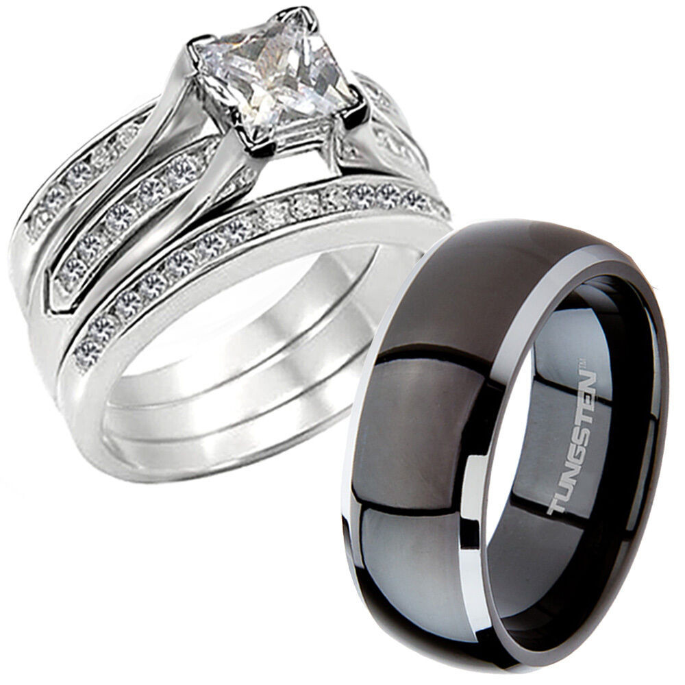 Wedding Rings Black
 Hers CZ 925 Sterling Silver His Black Titanium Wedding