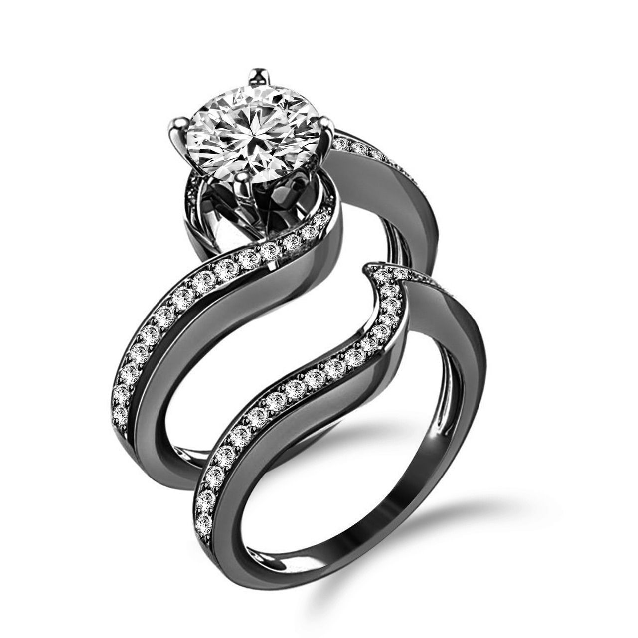 Wedding Rings Black
 Engagement Ring with Wedding Band Black Rhodium Plated