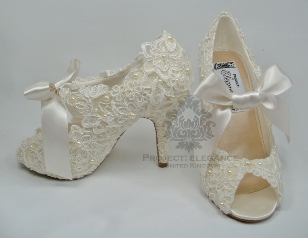 Wedding Shoes Lace
 WOMENS NEW IVORY VINTAGE LACE PEARL PEEP TOE HIGH HEEL