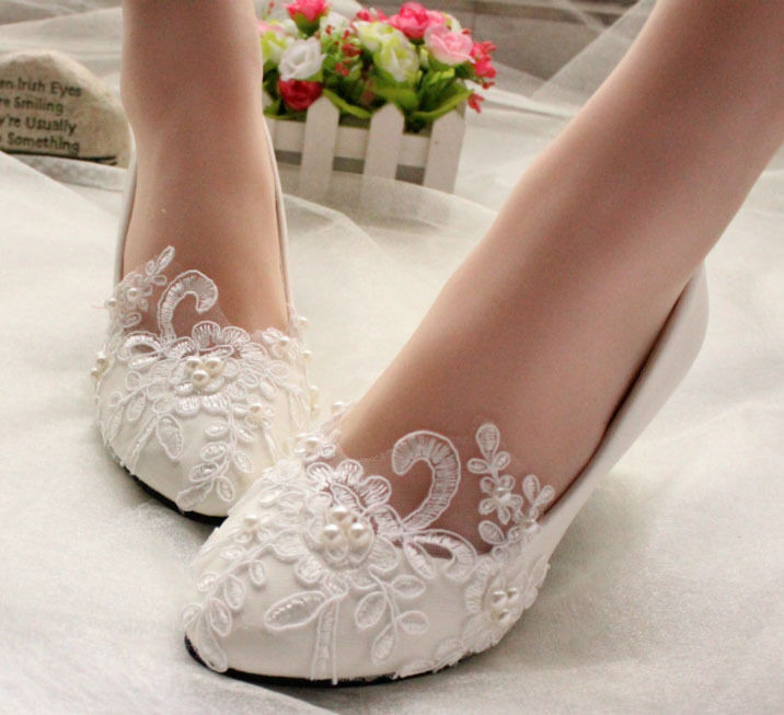 Wedding Shoes Lace
 Lace Wedding Shoes Pearls Bridal shoes High Low Heels flat