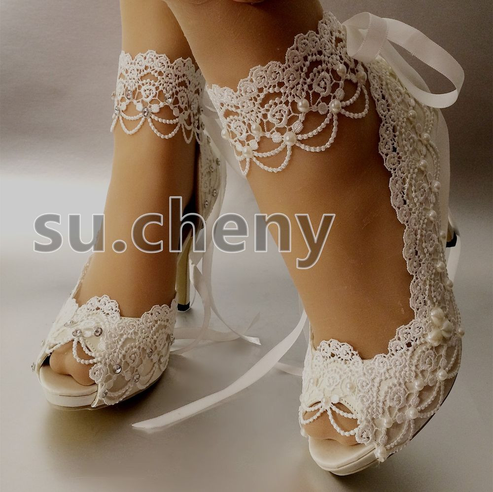Wedding Shoes Lace
 3" 4” heel white ivory satin lace ribbon open toe Wedding