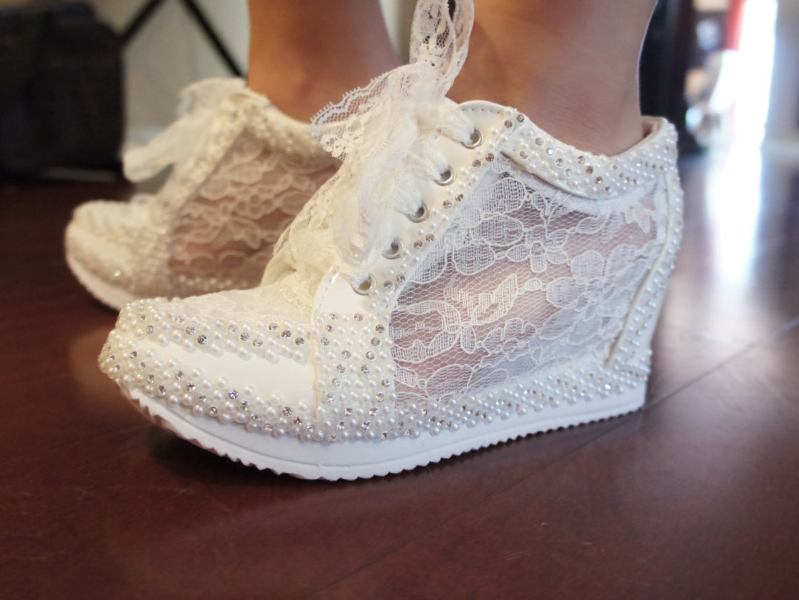 Wedding Shoes Lace
 Wedding Shoes Wedge Lace High Heeled Sneakers Tennis Shoes in