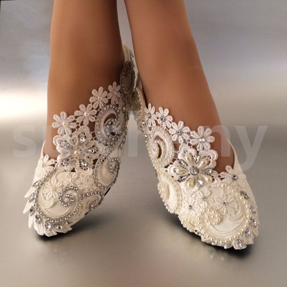 Wedding Shoes Lace
 White ivory pearls lace crystal Wedding shoes flat