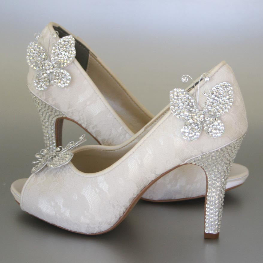 Wedding Shoes Lace
 Wedding Shoes Ivory Peeptoes with Lace Overlay Rhinestone