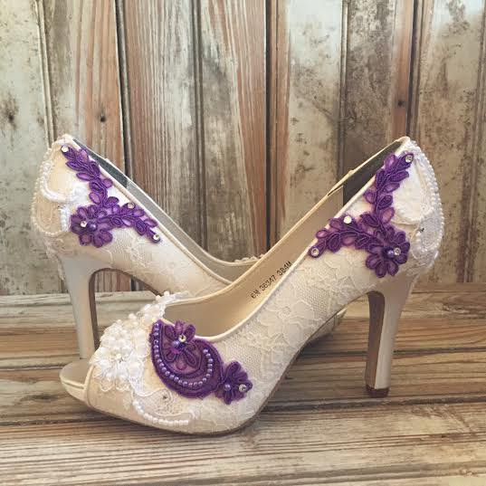 Wedding Shoes Purple
 Colored Bridal Shoes Purple Ivory White All Lace Beaded Peep