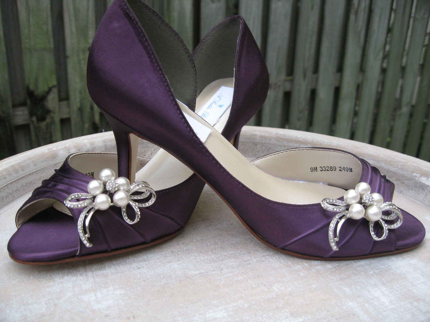 Wedding Shoes Purple
 Purple Eggplant Bridal Shoes with Pearl and Crystal Bow Brooch