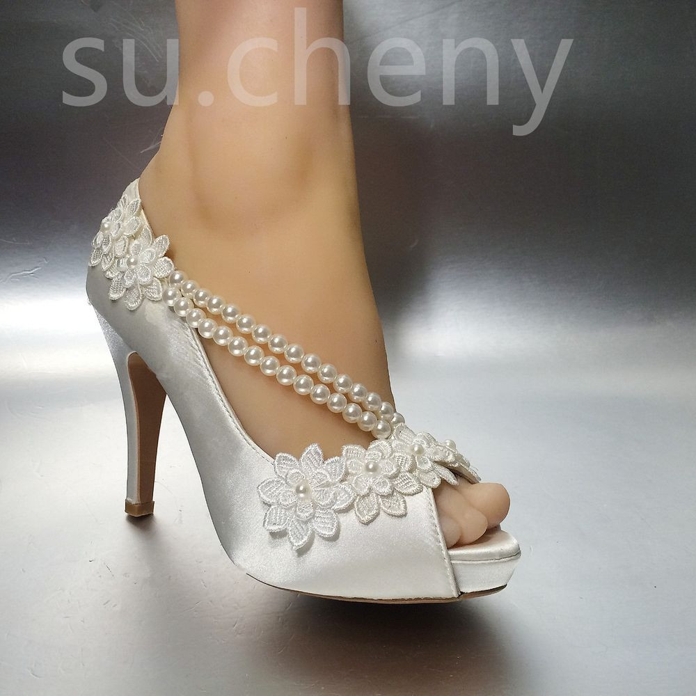Wedding Shoes Size 5
 8 10 cm heel Pearl white ivory silk lace open toe Wedding