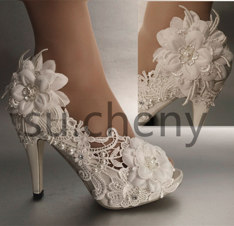 Wedding Shoes Size 5
 3 4" heel pearl white ivory silk lace open toe Wedding