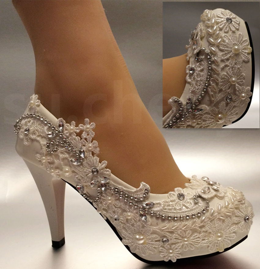 Wedding Shoes Size 5
 3" 4" white light ivory lace crystal Wedding shoes Bridal