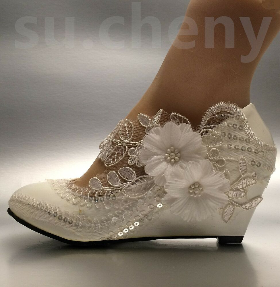 Wedding Shoes Size 5
 Lace white ivory crystal sequin daisy Wedding shoes Bride