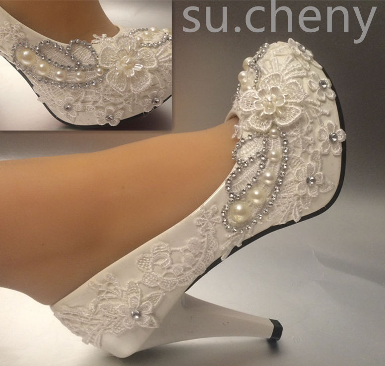 Wedding Shoes Size 5
 3" 4 " heel white ivory lace crystal pearls Wedding shoes