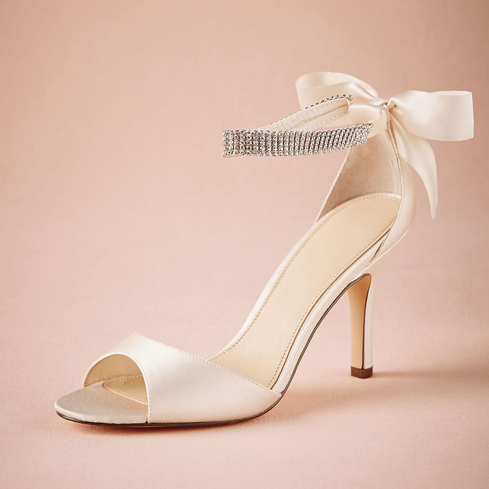 Wedding Shoes With Bows
 Ivory Satin Wedding Shoes Bowtie At Back Rhinestones Ankle
