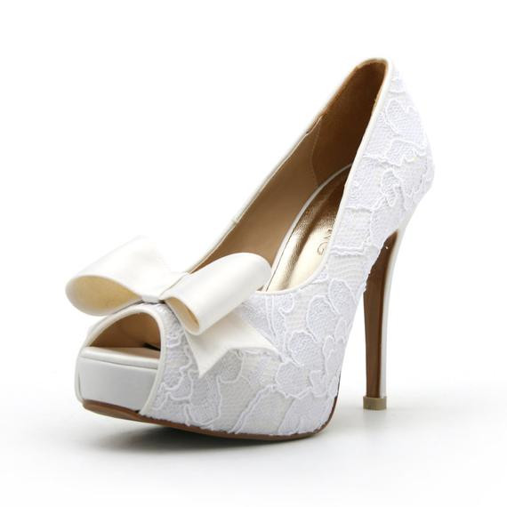 Wedding Shoes With Bows
 Lace White Wedding Shoe with Bow Peep Toe Lace White Bridal