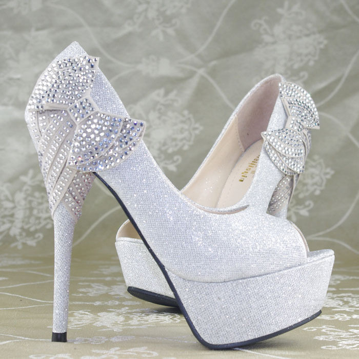 Wedding Shoes With Bows
 Shimmer Silver Crystal Bows Platform High Heels Princess