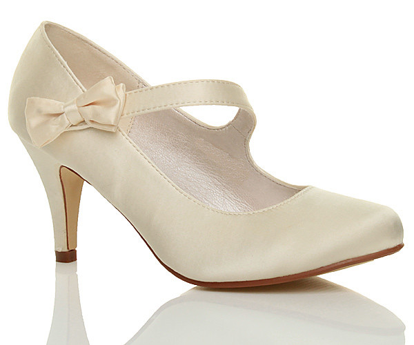 Wedding Shoes With Bows
 WOMENS LADIES MID HIGH HEEL STRAP BOW WEDDING BRIDAL