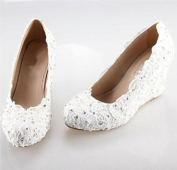Wedges For Wedding Shoes
 2014 white Iory lace wedge handmade lace bridal by