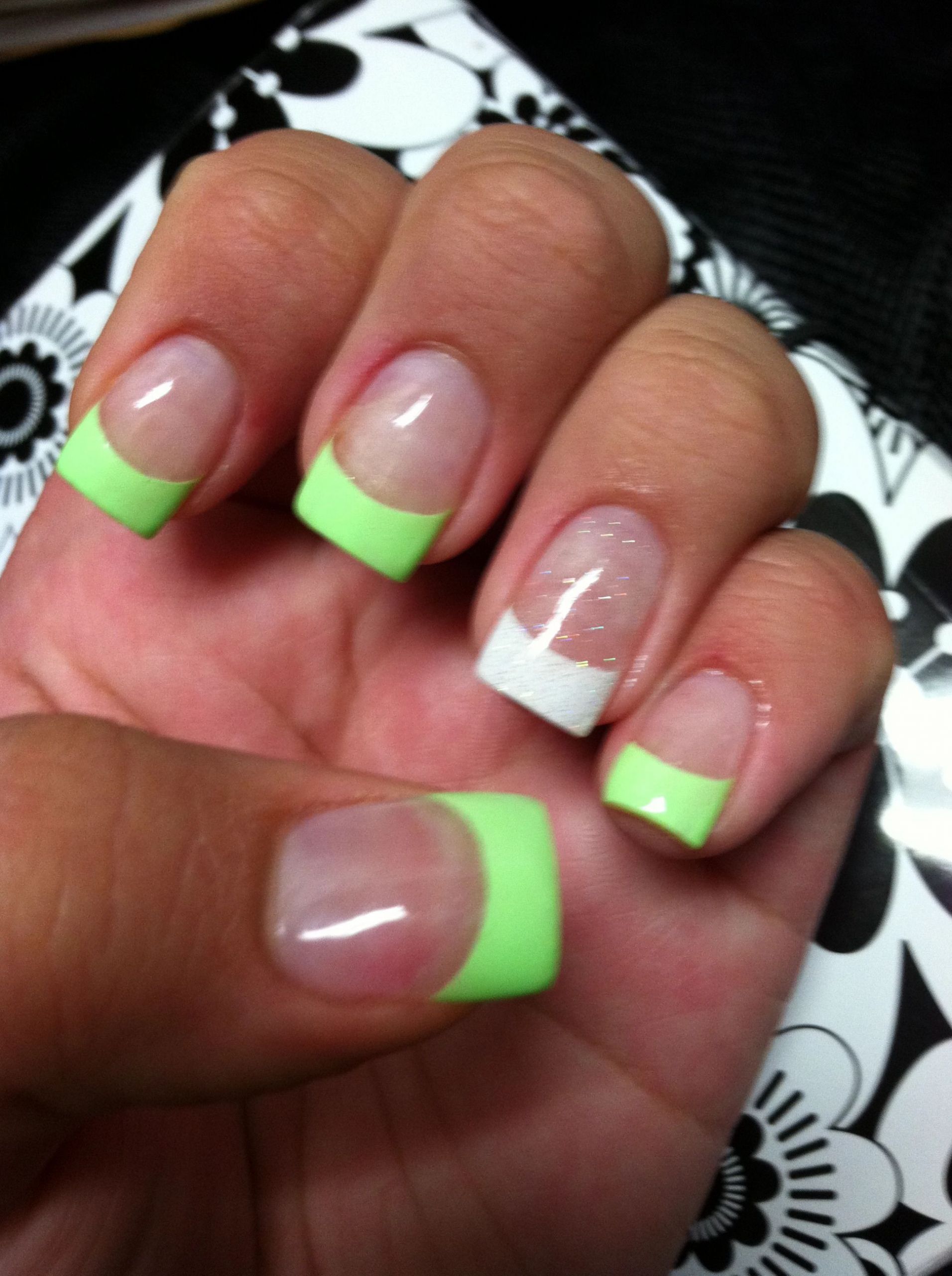 White Glitter Tip Nails
 Mint & white glitter tips acrylic nails