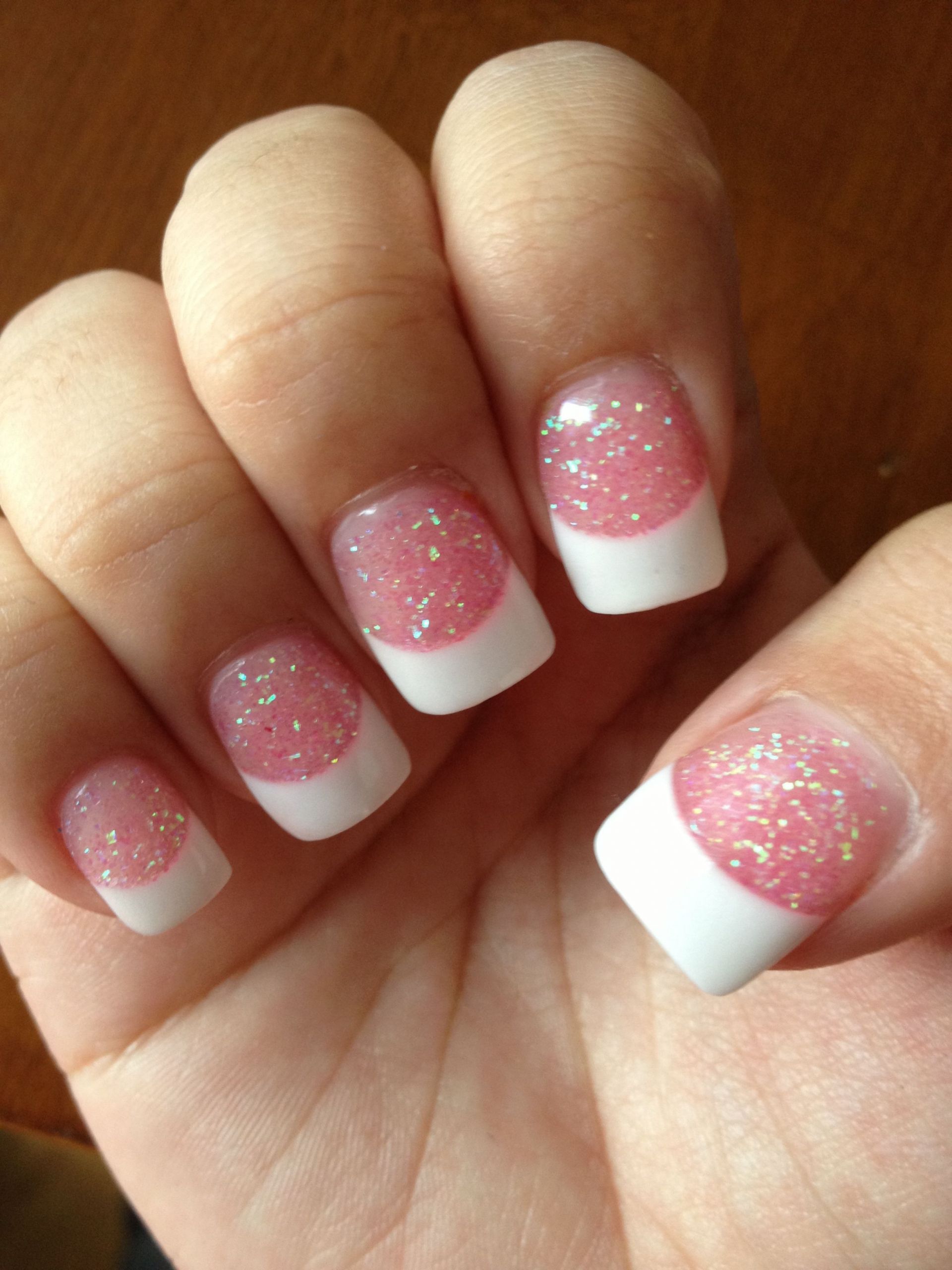 White Glitter Tip Nails
 Acrylic nails white tip with pink glitter base