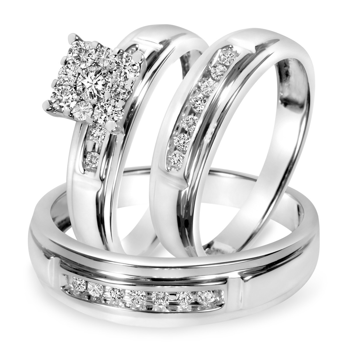 White Gold Wedding Rings
 1 2 CT T W Diamond Trio Matching Wedding Ring Set 10K