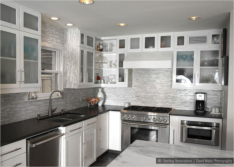 White Kitchen Black Backsplash
 Elegant White Marble & Glass Kitchen Backsplash Tile
