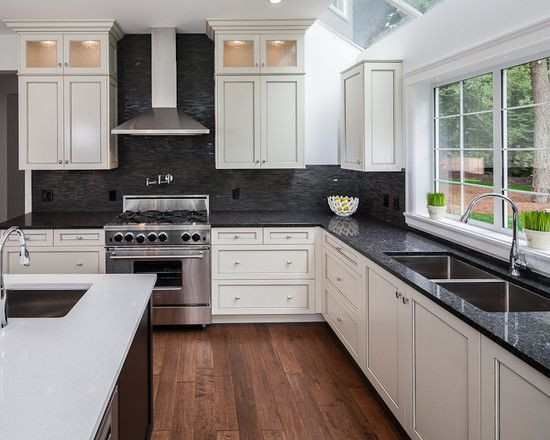 White Kitchen Black Backsplash
 white hanging cabinet finish patterned black granite