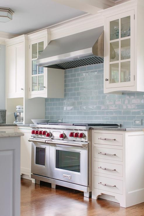 White Kitchen Blue Backsplash
 White Kitchen Cabinets with Black and Gray Granite