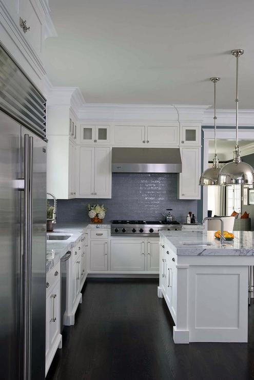 White Kitchen Blue Backsplash
 Contemporary Gray Kitchen with Metal X Back Counter Stools