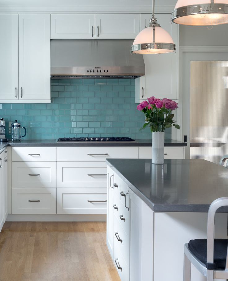 White Kitchen Blue Backsplash
 Kitchen with white cabinets gray countertops turquoise