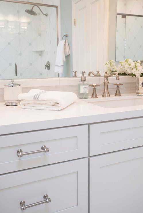 White Shaker Bathroom Cabinets
 White Shaker Vanity Cabinets with Gray Glass Tile