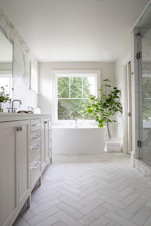 White Tile Bathroom Floor
 White Shiplap bathroom with Gray Slate Herringbone Floor